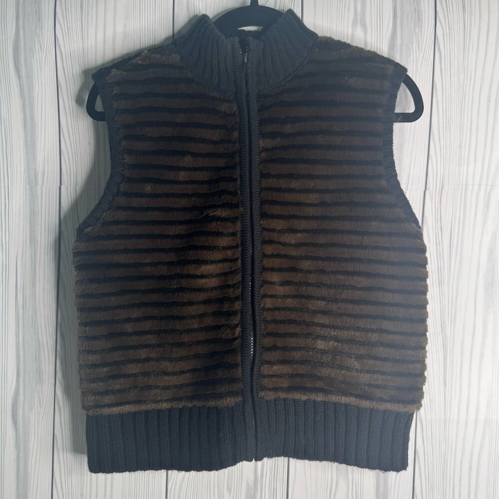 Nina Leonard Women's Sweater Vest Full Zip Faux Fur Black/Brown Med Whimseygoth